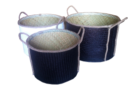 Round palm leaf basket, black color, set 3.