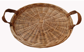 TT- 160707 - Round rattan tray with leather handles.